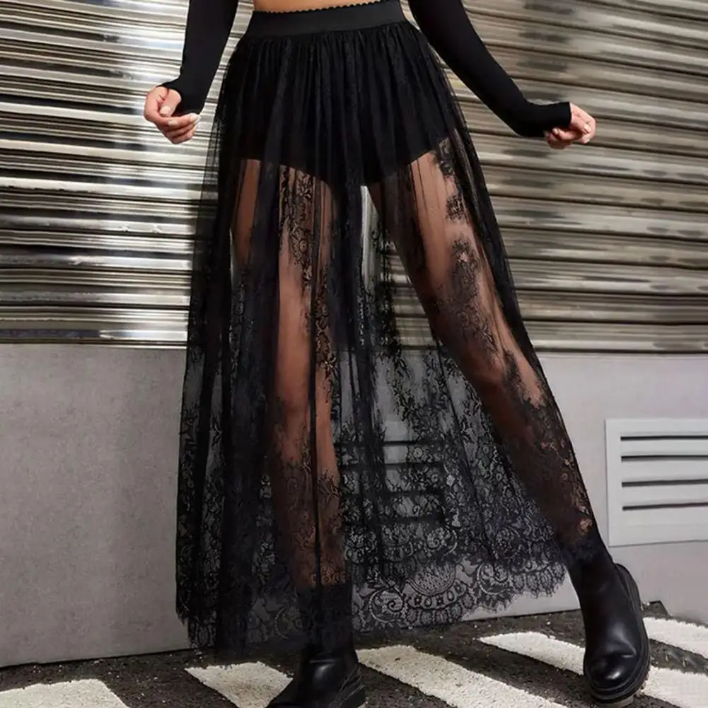 

Women Skirt Elegant Mesh Overlay Maxi Skirt with Embroidery Flower Lace High Waist A-line Style for Women Dark Plaid Design