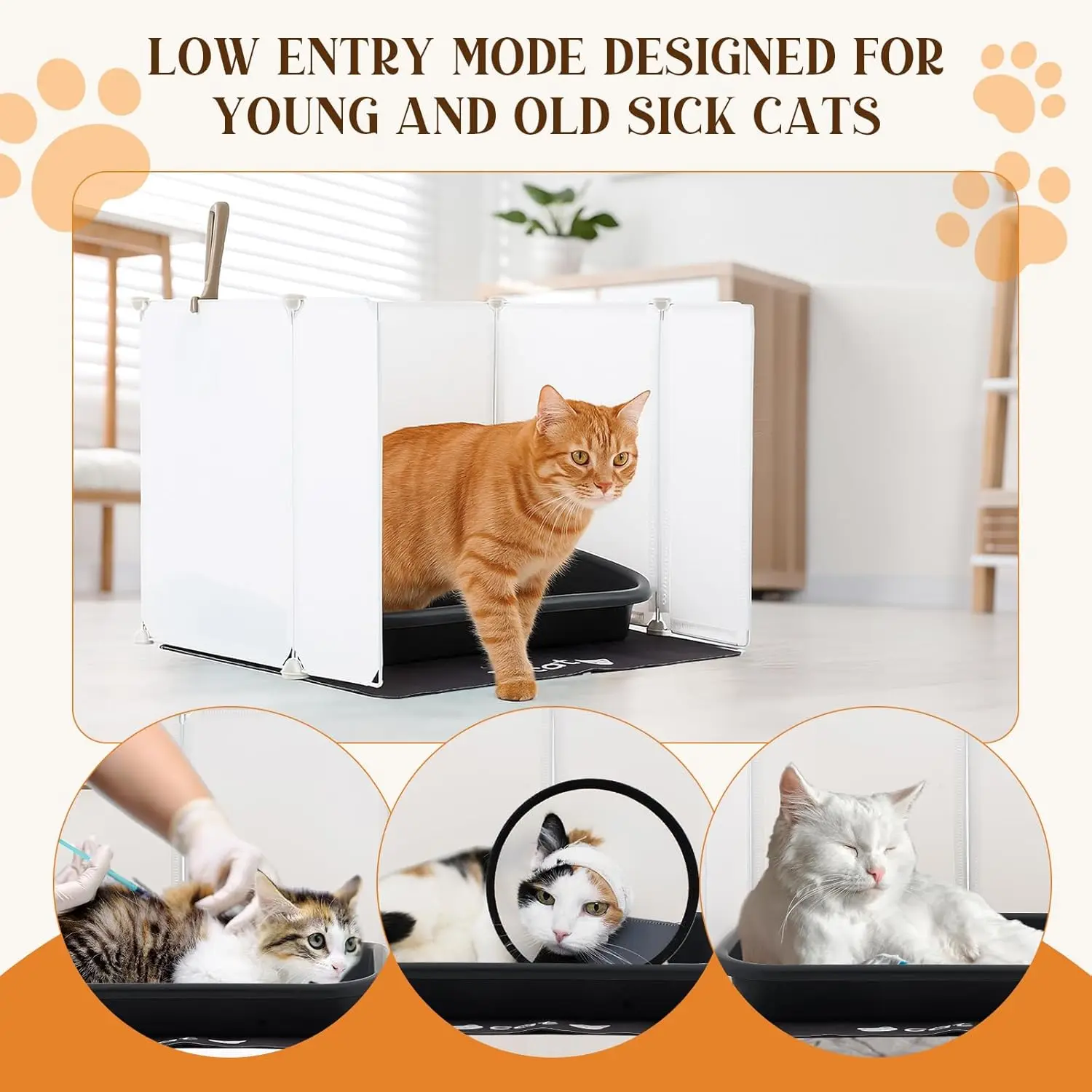 4 in 1 Low Entry Cat Litter Box with Shield, Cover, Splash Guard & Scoop for Senior, Disabled Cats