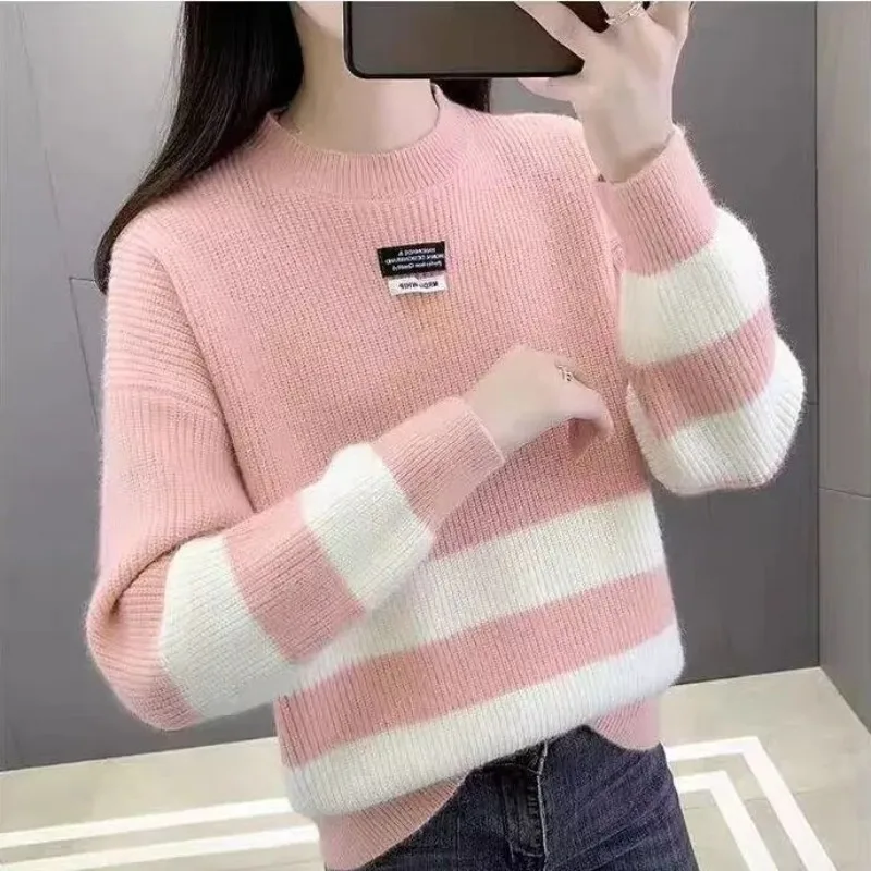 Autumn and Winter Women\'s Contrast Color Crew Neck Long Sleeve Loose Knitted Sweaters Jumpers Fashion Casual Office Lady Tops