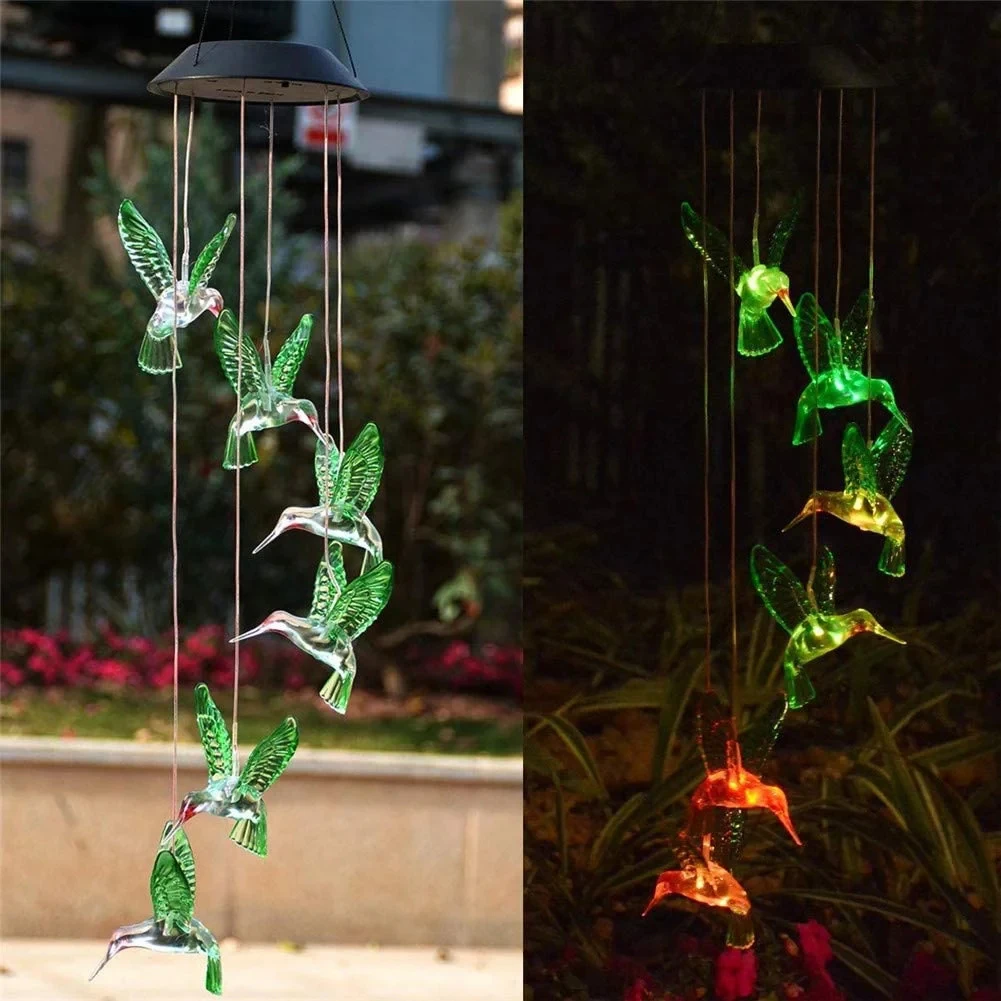 LED Solar Power Wind Chime, cristal, beija-flor, borboleta, impermeável, ao ar livre, luz solar para jardim