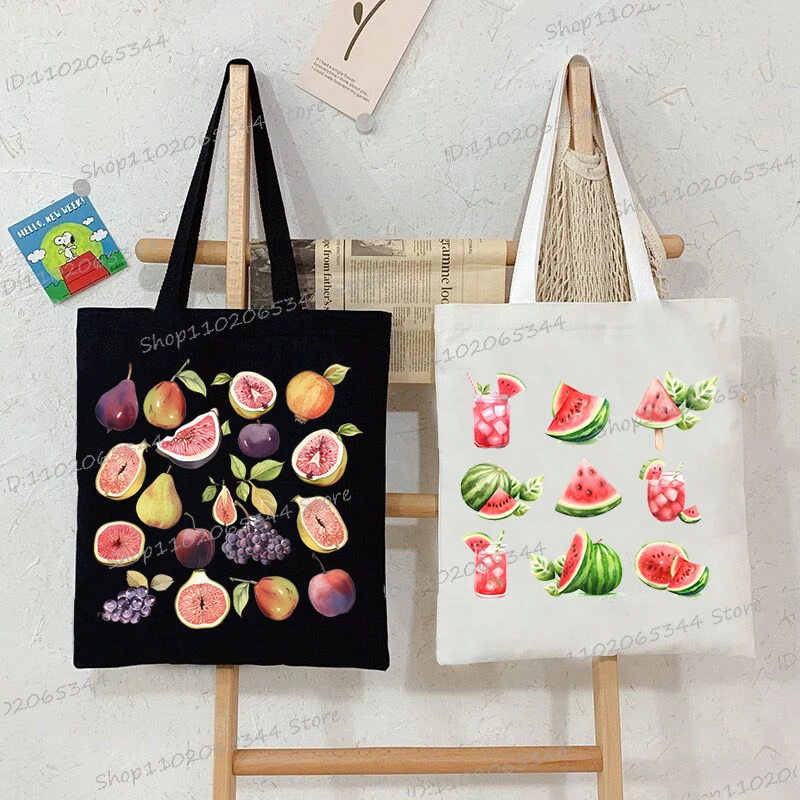 Watercolor Fruit Series Women's Handbags Aesthetics Watermelon Lemon Peach Lover Funny Canvas Tote Bag Creative Shoulder Bag