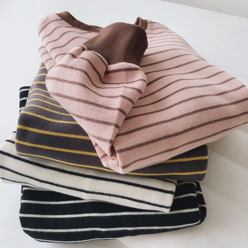 

LangMao White Pink Striped Sweatshirt For Women Autumn, Loose Round Neck Cotton Long Sleeved Tops