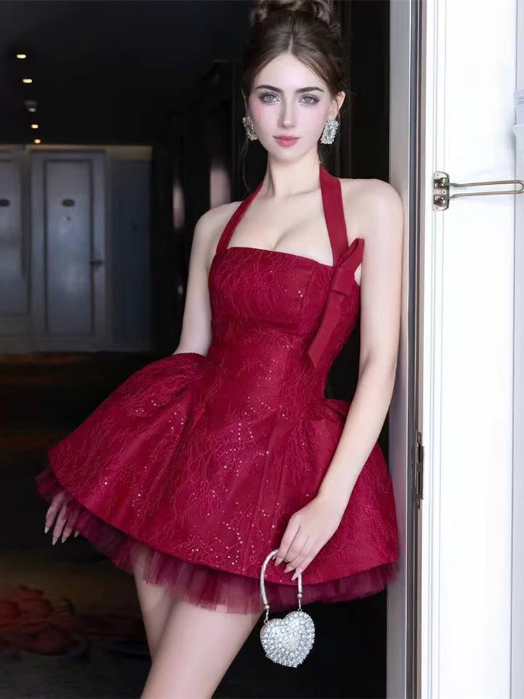 SIsterlinda Jacquard Sexy Dress +Mesh Puffy Skirt Women Noble Bow Sequin Sleeveless Halter Backless Stretch Birthday Party Suits