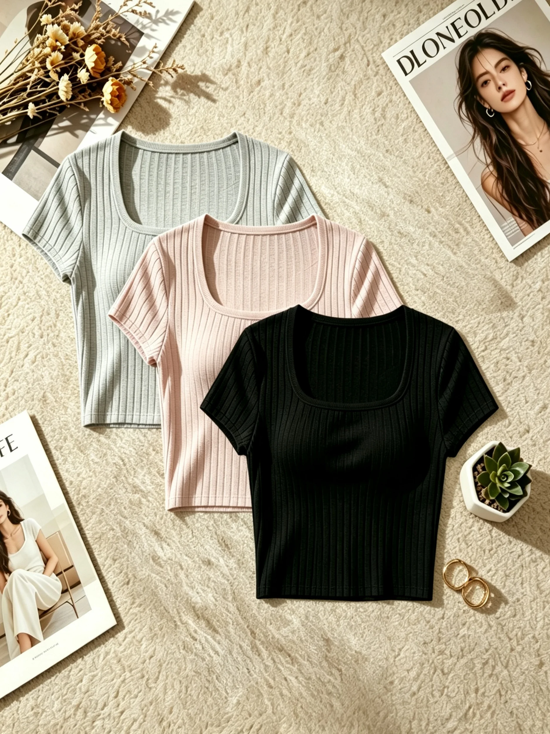 3 Pack Women Square Neck Ribbed Knit Short Sleeve Top Slim Fit Crop Tee Y2K Sexy Casual Commute Basic Shirt