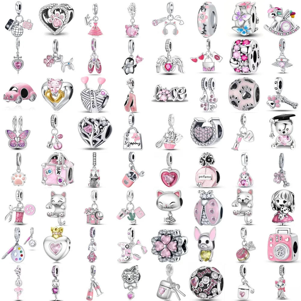 

New 925 Silver Pink Dance Shoes,Headphones,Bag,Cat Bead Pendant Suitable for European Original Bracelet DIY Exquisite Jewelry
