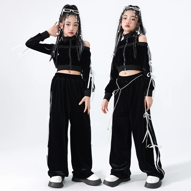 세트 재즈 댄스 소녀 키즈 의류, 힙합 크롭탑 긴팔 바지, 세트 캣워크 쇼 의상, DQL9775