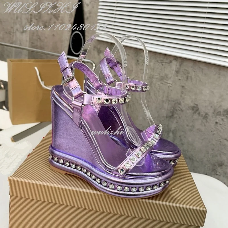 Purple Glossy Leather Crystal Bordered Wedge Bling Women 12Cm Platform Open Gold Buckle White Simple Diamond Dress Wedding Shoes