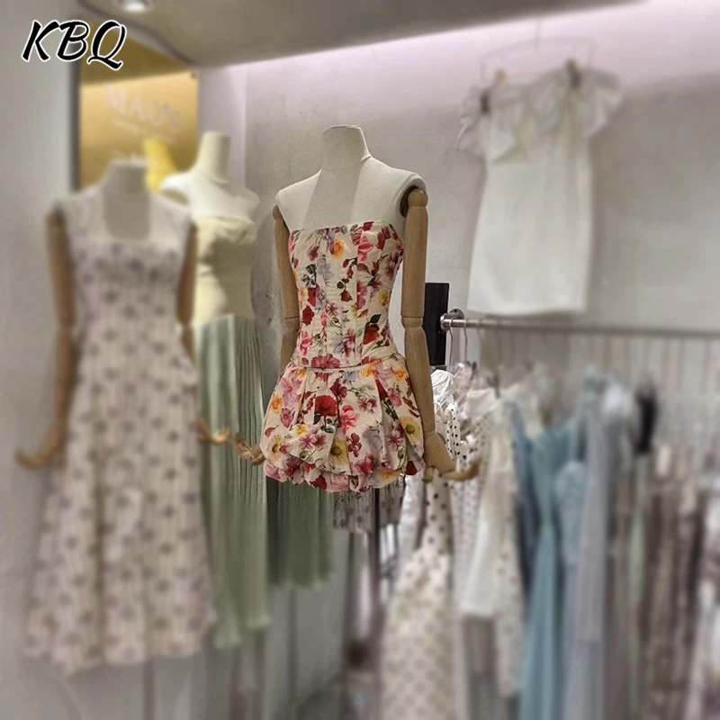 

KBQ Elegant Hit Color Printing Slimming Backless Dress for Women Strapless Sleeveless High Waist Temperament Dress Female New