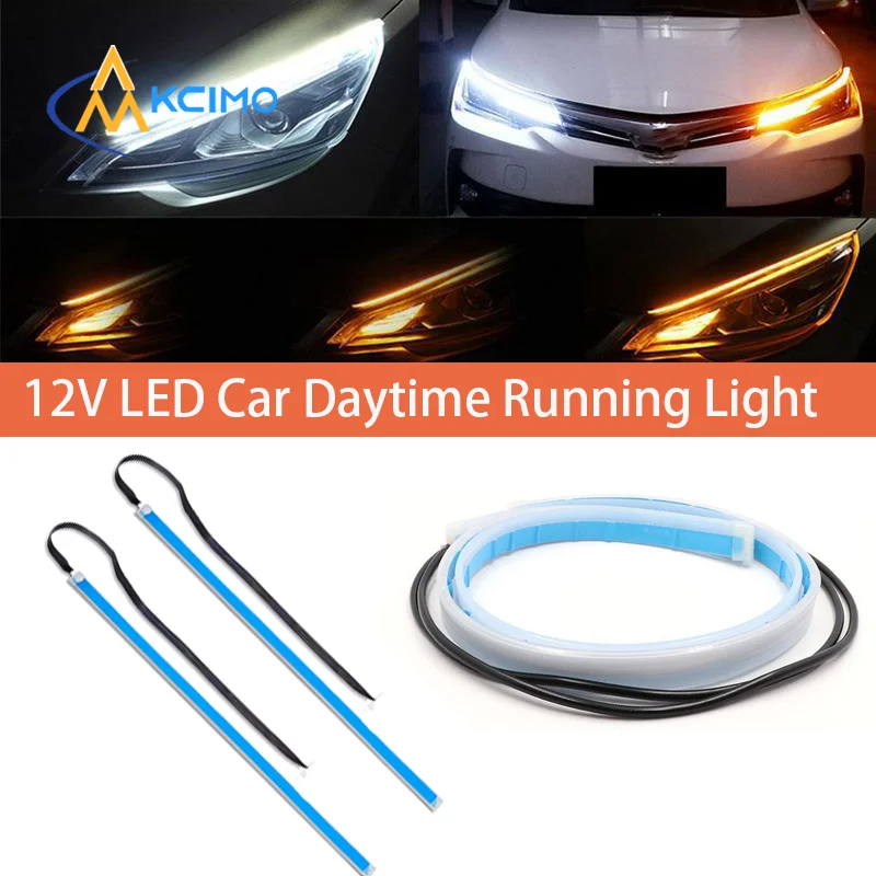 1pc Universal 12V Silicone LED DRL Strip, Waterproof Flowing Turn Signal Light Bar, Dual Color Headlight Decorative Light