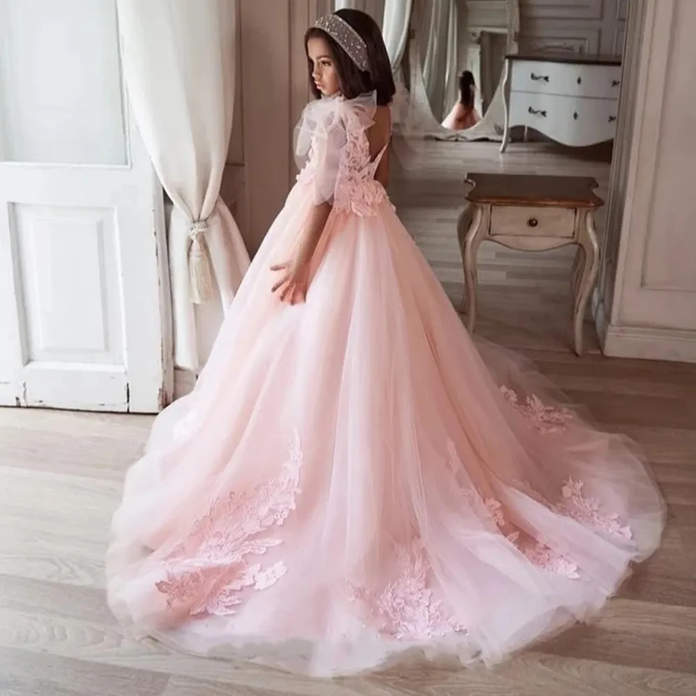 Beloving 3D Lace Appliques A-line Tulle Princess Flower Girl Dress for Wedding V Neck Children Pageant Gowns Communion Dresses