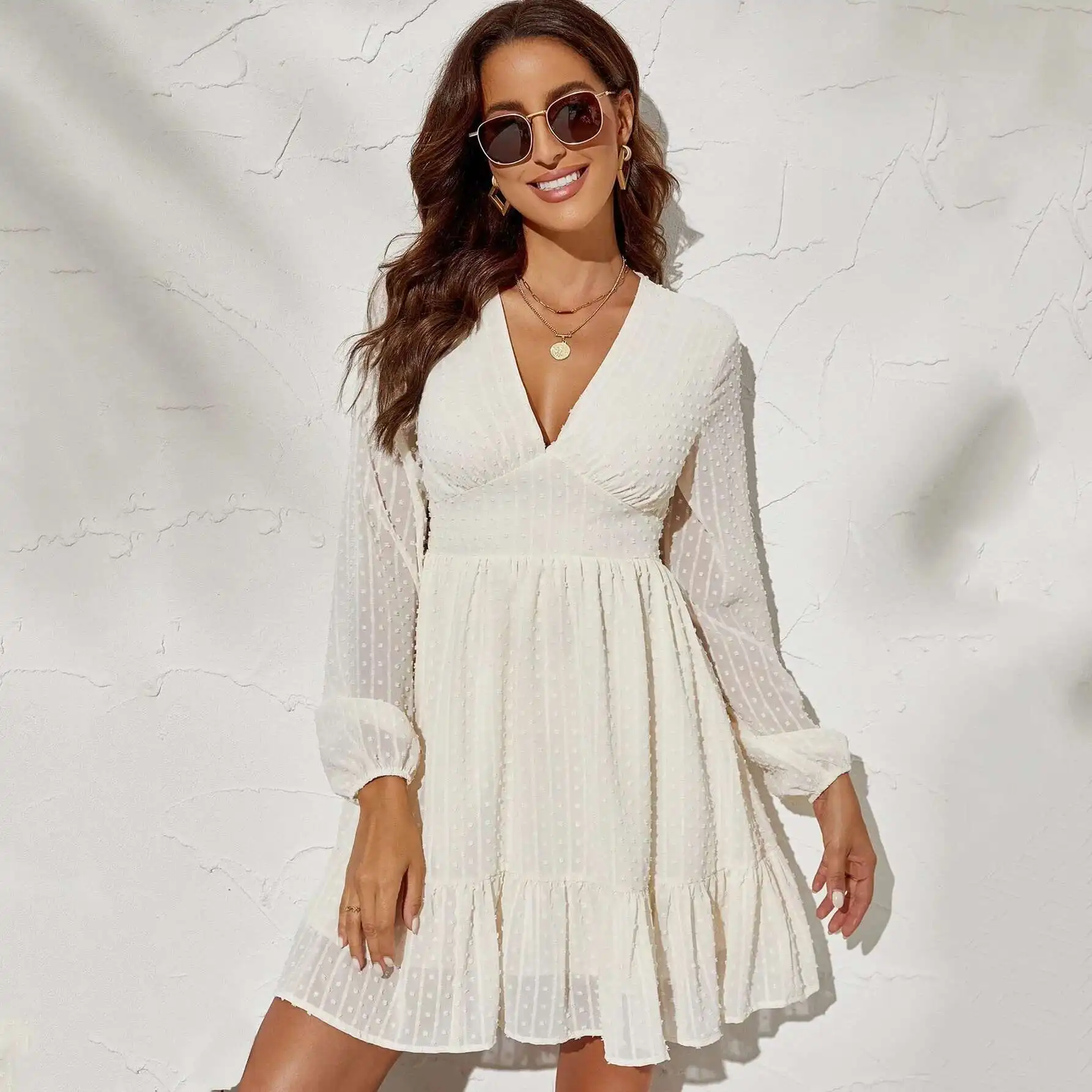 

2023 New Long Sleeved V-neck High Waist Lady Fashion Women's Dress 2025 Summer Dress Robe Vestido Women Elegant