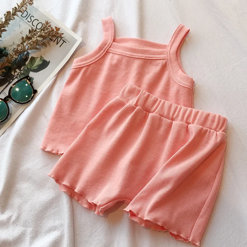 

2PCS Kid Girl Clothes Set Solid Color Sleeveless Sling Top+Shorts Summer Fashion Lovely Casual Wear for Children 3-8 Years