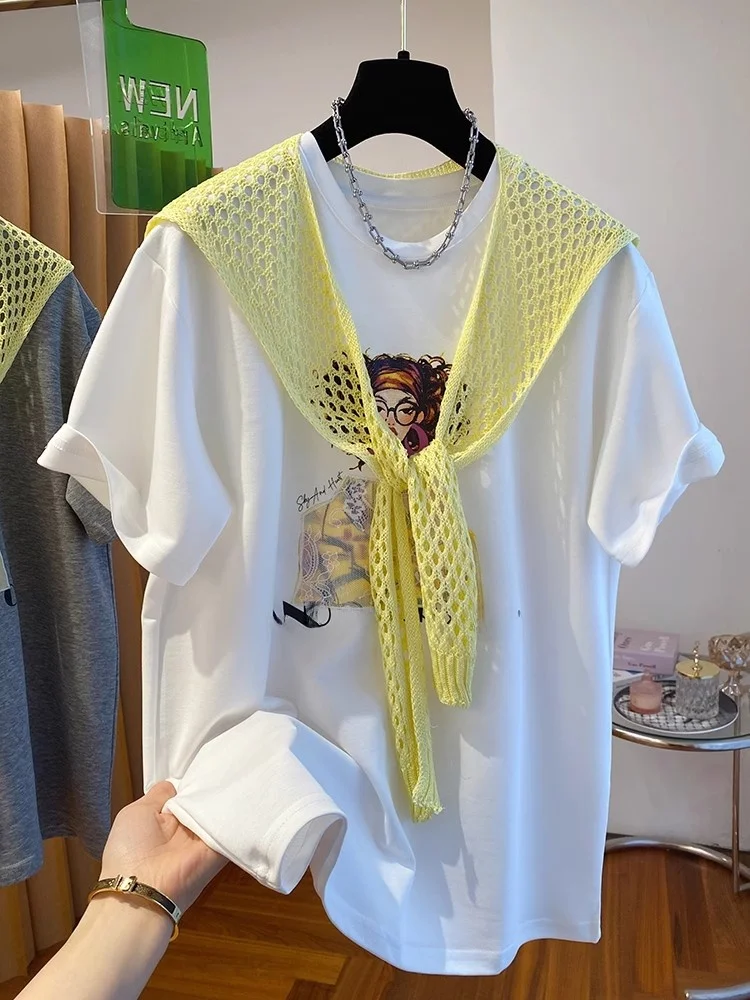 Camiseta Casual Extra Grande Tamanho 300 Pou com Decote Oco para Mulheres, Nova Versátil para Primavera e Verão