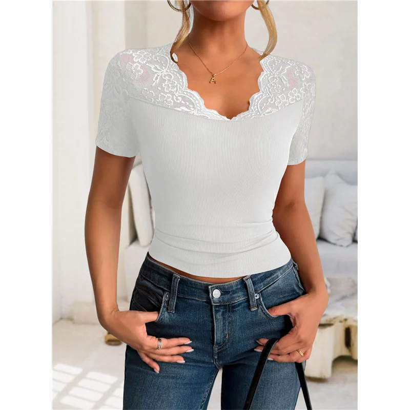 

【SEE】Women Short Sleeve Lace V Neck Shirts Ribbed Knit Fitted Basic Tee Tops Business Dressy Casual Summer