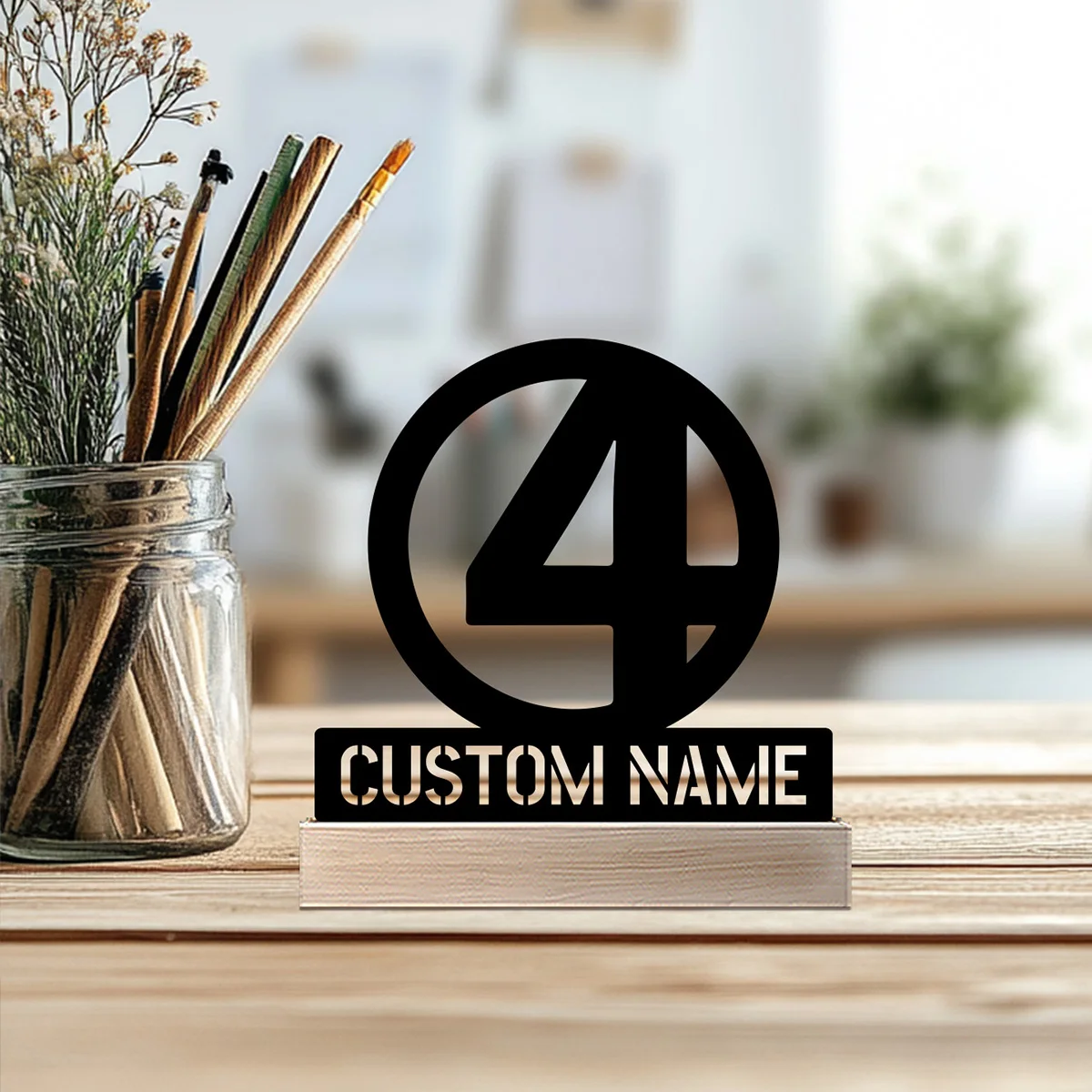 1pc Semplice 4 simboli Testo personalizzato Statua in metallo con base in legno Scultura in metallo Figurina artistica con base in legno Scrivania da ufficio