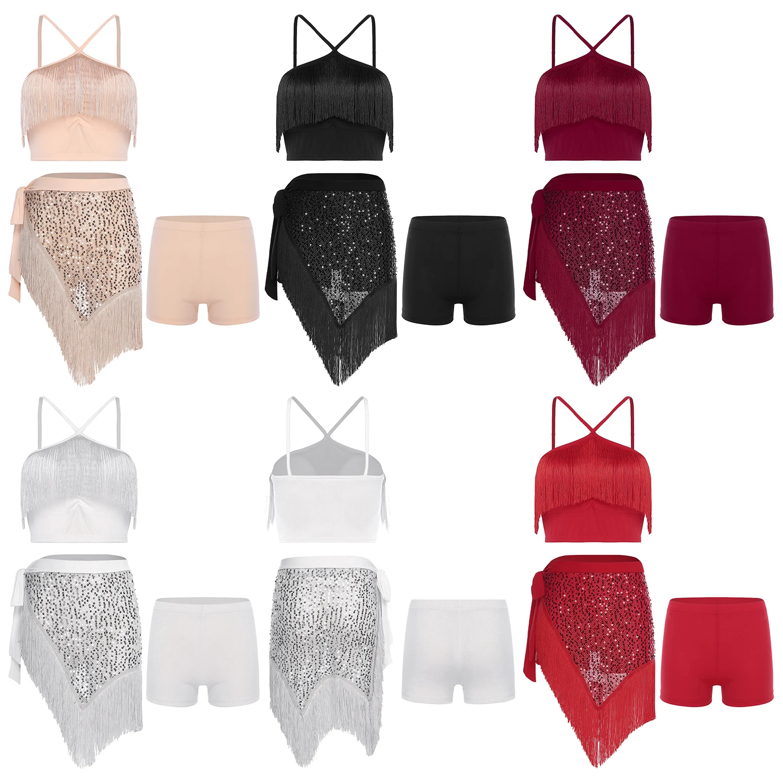 

Women Latin Tango Dance Costume Outfit Tassel Crop Top Safety Shorts And Shiny Sequin Lace-up Hip Scarf Show Belly Party Sets