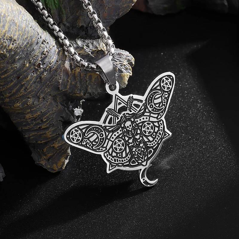 Hip-Hop Stainless Steel Five-Pointed Star Moon Totem Skull Moth Pendant Necklace Men and Women Personalized Punk Jewelry