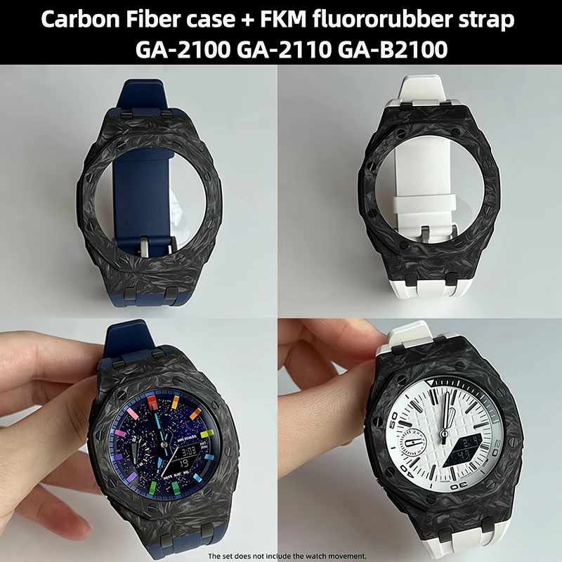 Upgrade Carbon Fiber Case Kit & Fluorine rubber Strap for Casioak GA-2100 2110 GAB2100 soft FKM band Men Replacement watch parts