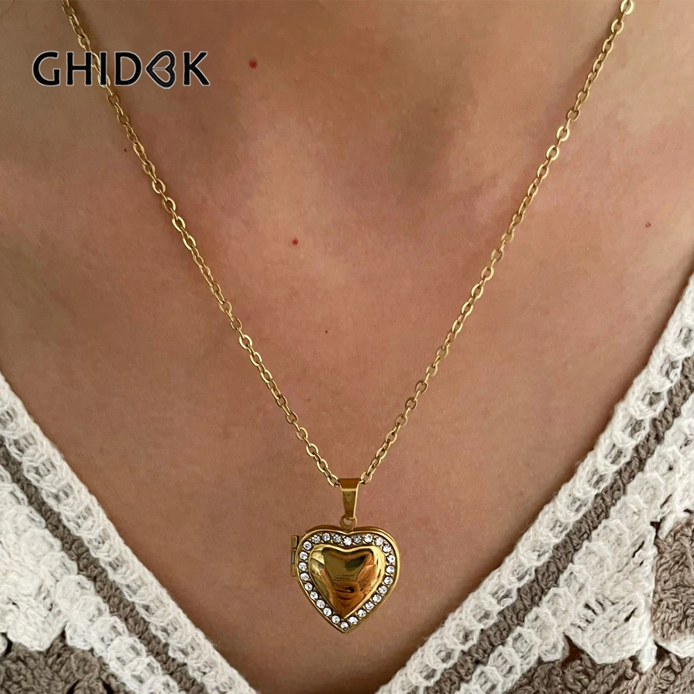 GHIDBK Trendy 18K Pvd Gold Plated Openable Heart Zircon Pendant Necklace for Women Stainless Steel Anti-Tarnish Jewelry Gift