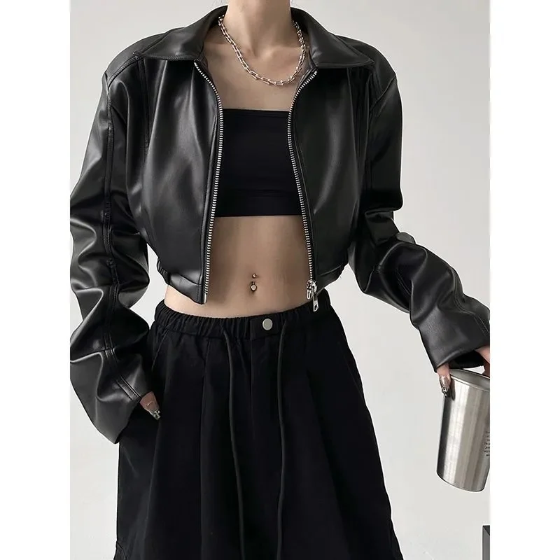 Loose  Leather Jacket Women's Leather Jacket New Retro Long-Sleeved Lapel Leather Jacket Women's Spring and Autumn  Short Coat