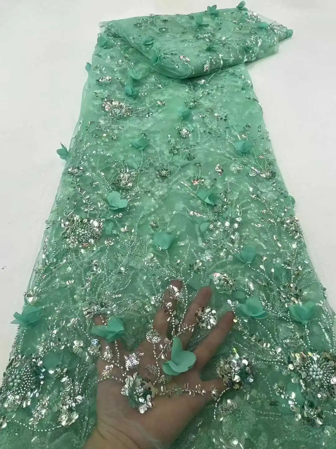 

5 Yards/lot High Quality African Lace Fabric Green Sequins Beaded Embroidery French Tulle Lace Fabric for Wedding Wide 120cm