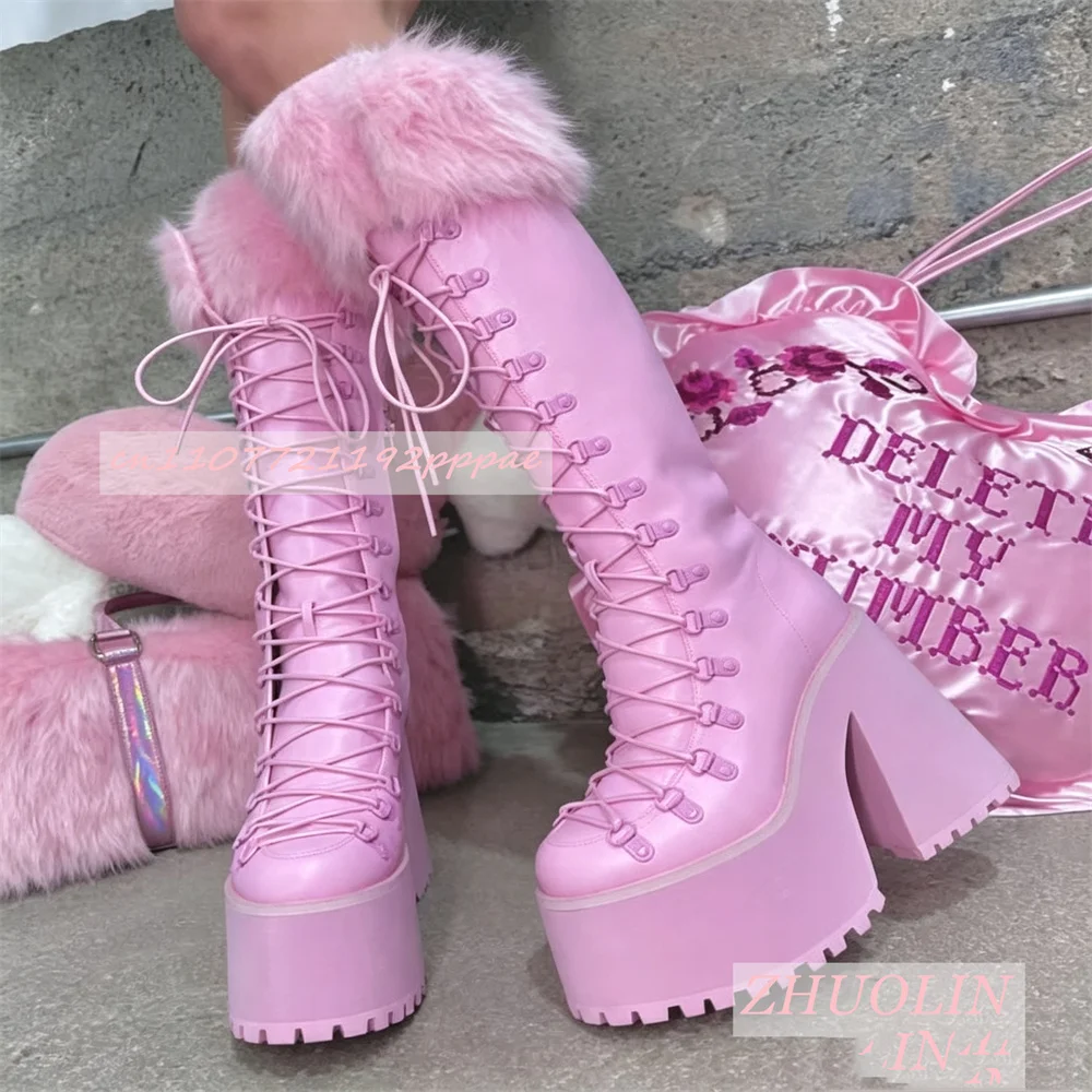Women Platform Boots Knee High Lace Up High Heel Shoes Pink Faux Fur Trim Chunky Heel Winter Fashion Casual Party Boots Ladies - view 2