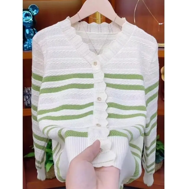 

Spring 2025 New Ruffled Green Striped Knitted Cardigan For Women Fashionable And Sweet V-neck Top