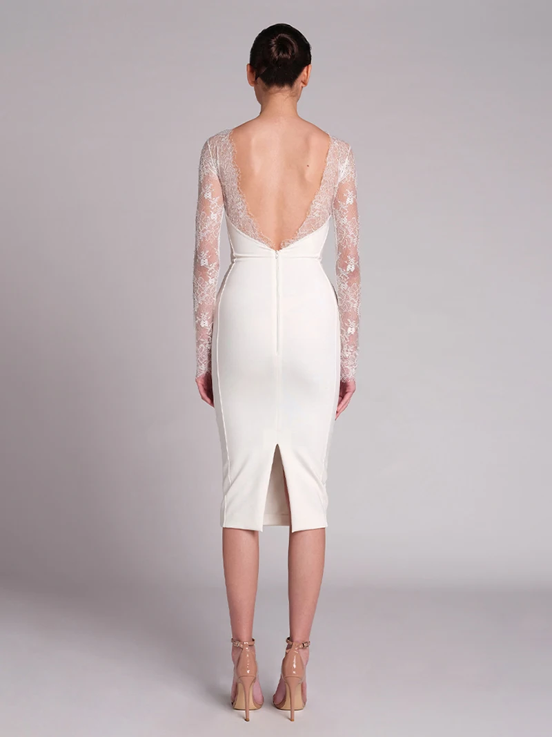 Vestido de noite e de renda sem costas f high-end luxo estilo deusa e moda crimento médio manga longa