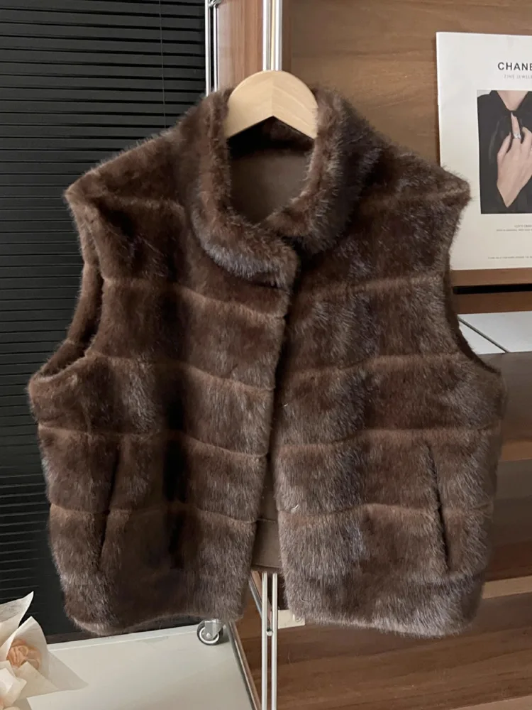 سترة نسائية من الفرو الصناعي من ZMEENNA بدون أكمام ملابس خارجية منفوشة أشعث تصميم شريطي أفقي قطعة طبقات دافئة ZM4451 #6