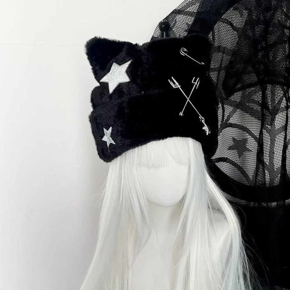 

Women Harajuku Gothic Lolita Star Pin Beanie Hat Japanese Y2K Girl Punk Star Cat Ear Cap Autumn Winter Warm Knitted Hat