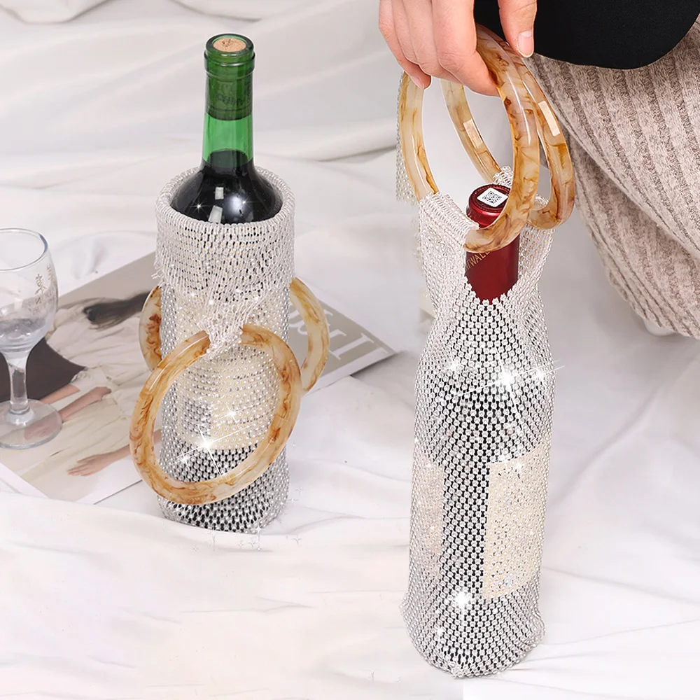 

Luxury Red Wine Gift Bag Shiny Diamond Bottle Cup Packing Tote Bags Handle Fashion Handwoven Gifting Supplies for Wedding Party