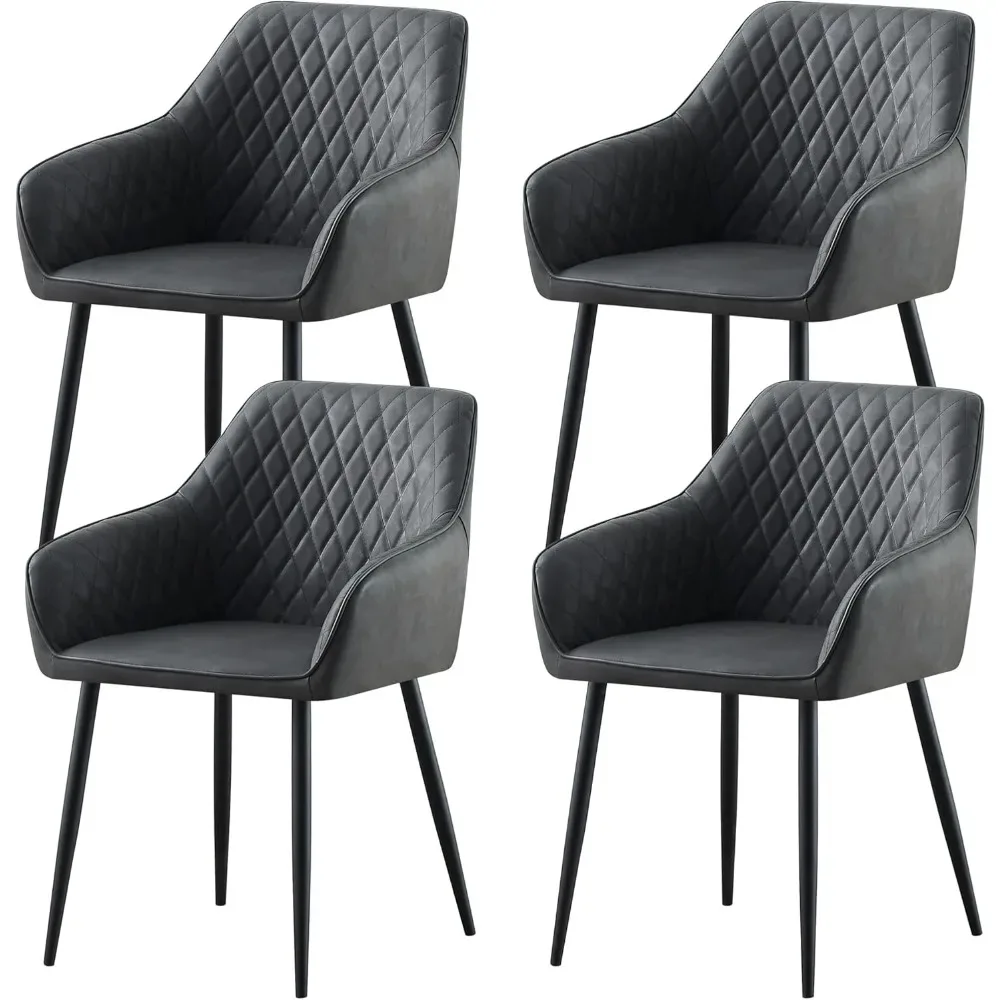 Dining Chairs Grey Faux Leather Kitchen Chairs Set of 4 with Arms Modern Upholstered Chairs for Living Room