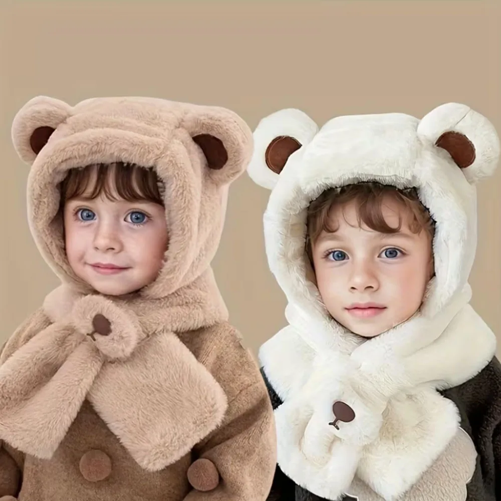 Combinação de chapéu e cachecol com capuz de urso de desenho animado infantil de 2 a 6 anos – proteção de ouvido quente espessada para esqui, festas, atividades ao ar livre
