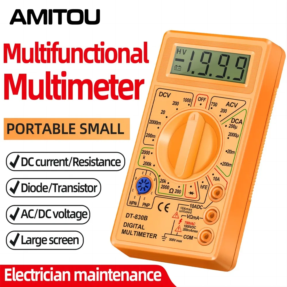 AMITOU DT830B Digital Multimeter AC/DC LCD Mini Voltmeter Ammeter Ohm Tester 750/1000V High Safety Handheld Meter With Probe