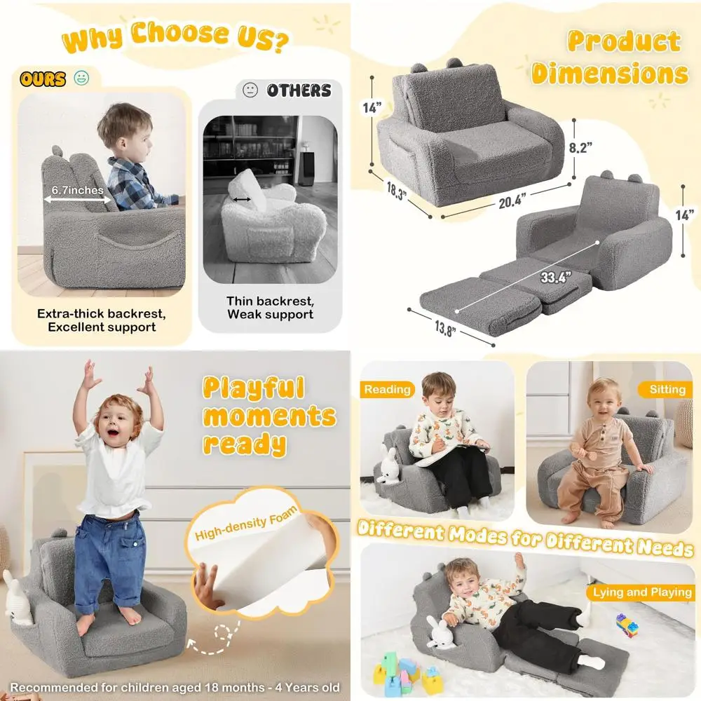 

Трансформируемый диван-кровать для малышей: 2-в-1 кресло-шезлонг для детей, удобное сиденье для мальчиков и девочек, серый