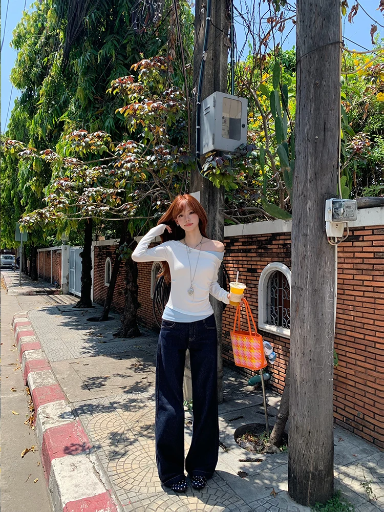 

Новая весенняя женская футболка с длинным рукавом, открытыми плечами и асимметричным дизайном, повседневный крой, базовый топ в корейском стиле «Ветер в облаках»