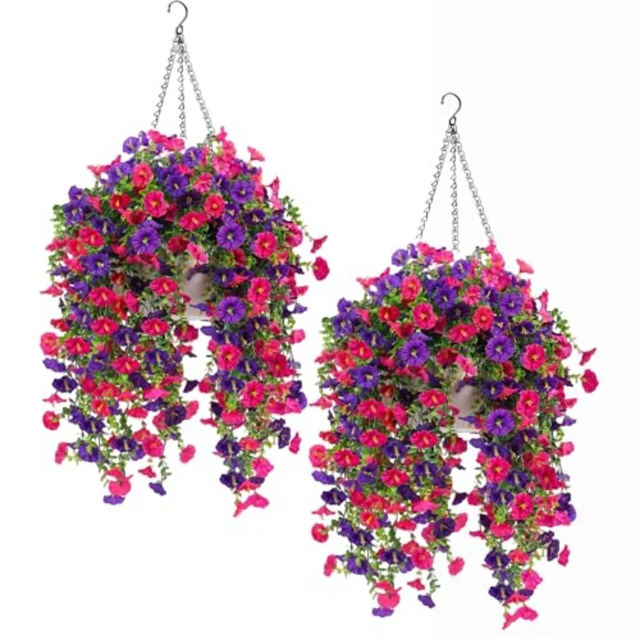 

Outdoor Artificial Hanging Plants with Basket 2 Pack Faux Morning Glory Petunia Cascading Flowers in Purple and Pink UV Fade Re