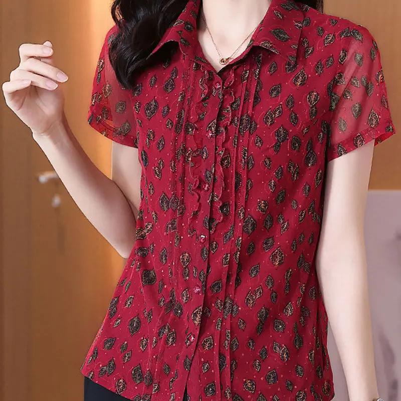 Office Lady Casual Turn-down Collar Shirt Summer New Fashion Short Sleeve Female Clothing Vintage Printed Single-breasted Blouse