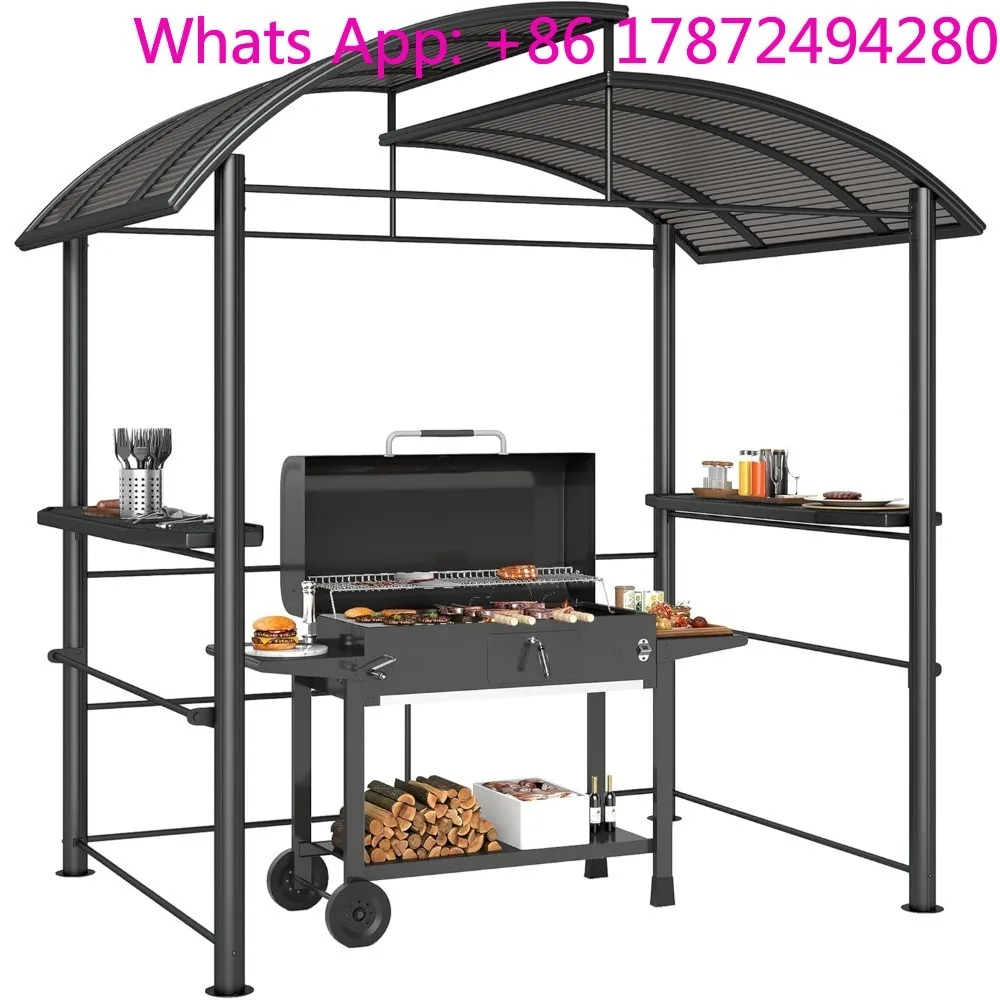 

Outdoor BBQ Canopy with Side Shelves, Steel Fra，8' x 5' Grill Gazebo Shelter with Interlaced Vented Polycarbonate Roof