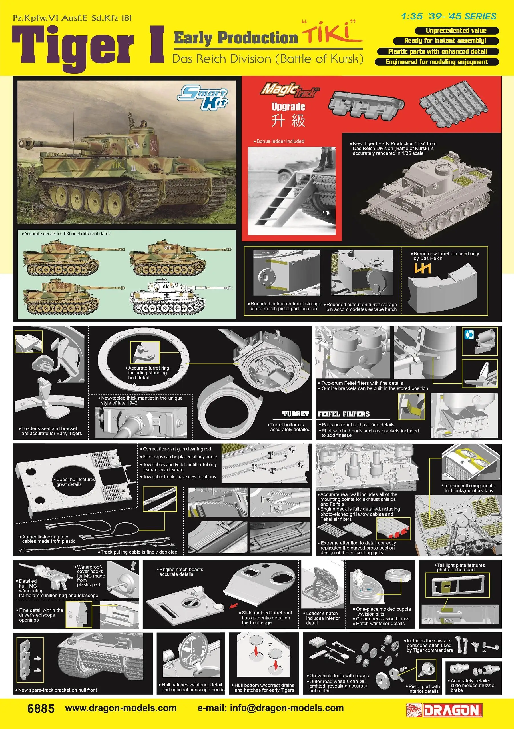 Dragon 6885 1/35 WW.II German Tiger I Early Production TiKi Das Reich Division (Battle of Kharkov) w/Magic Tracks TANK