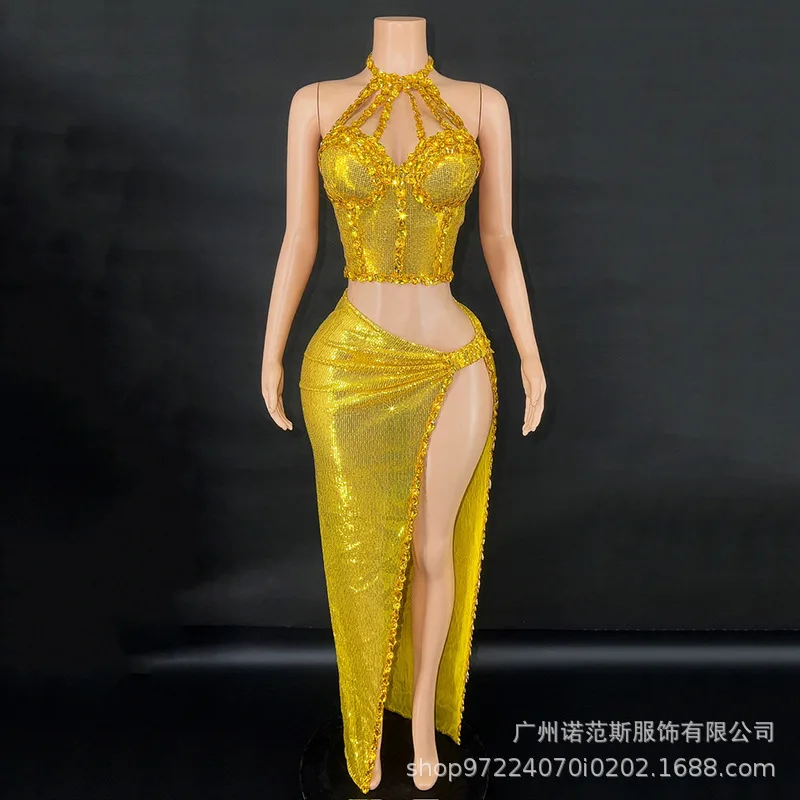 فستان ذهبي لامع مثير بفتحة عالية للكبار نموذج المنصة الملابس العصرية شركة الاجتماع السنوي فساتين ماكسي لضيوف الزفاف #2