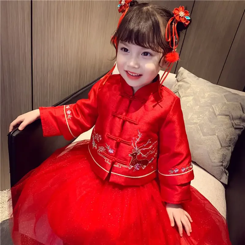 

Winter Girls Dress Chinese Hanfu Kids Dresses Baby Tang Suit Coat and Skirt Traditional New Year Flower Wedding Garments Set