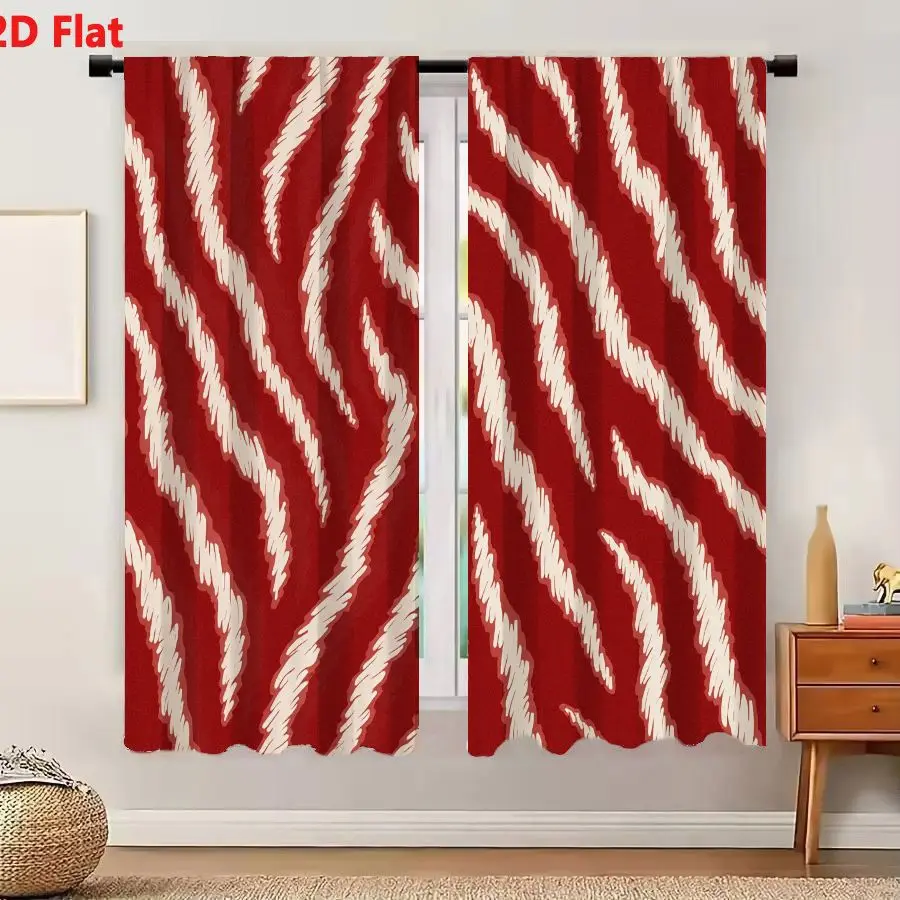 2Pcs Curtains 2D Flat Dark Red Background With White Off-White Wavy Irregular Brushstroke Stripes Pattern Window Drapes for Bedr
