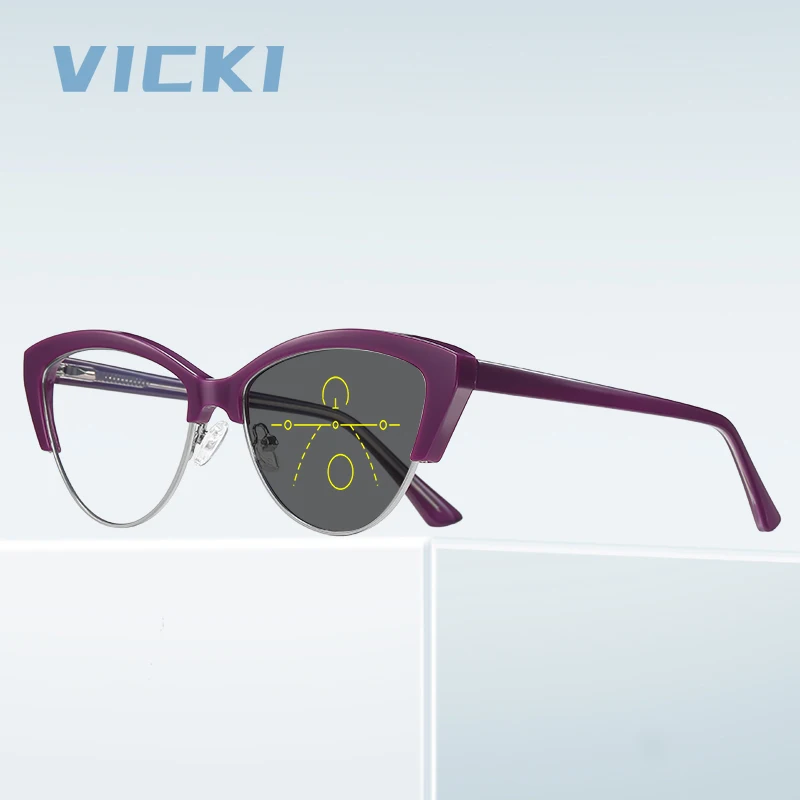 VICKI Women's Cat-eye Reading Glasses,Fashion Design, Progressive Multi-focus Glasses and Customizable Prescription, PFD2177