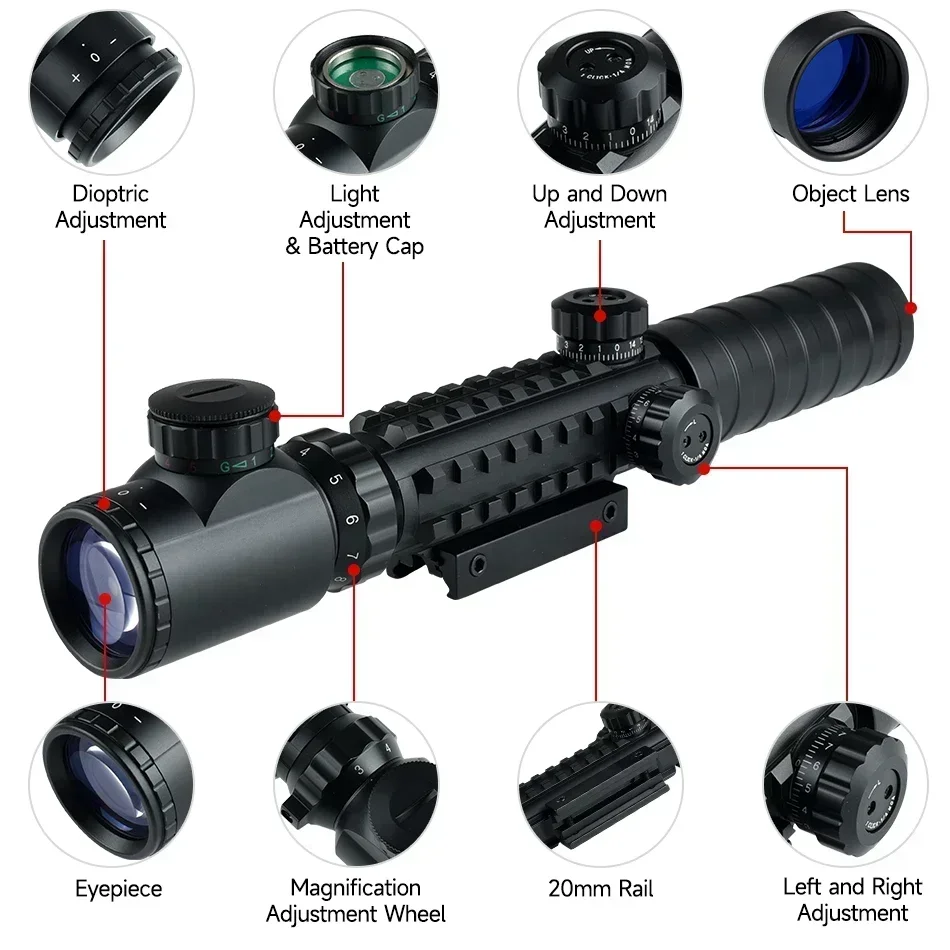 3-9x32 Tactical Red/Green Reticle Riflescope with Red Laser Combo Scope Reflex Holographic Dot Sight Hunting Shooting Optical