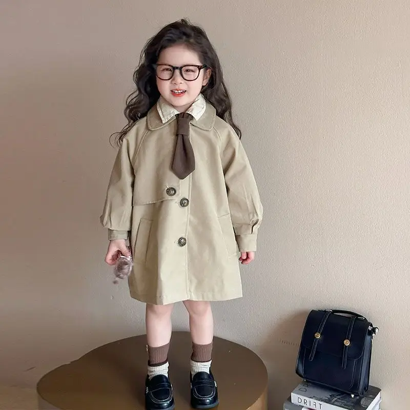 

2025 Spring Autumn New Girls' British Trench Coat Single Button Loose Kids' Mid Length Stylish Windbreaker Coat