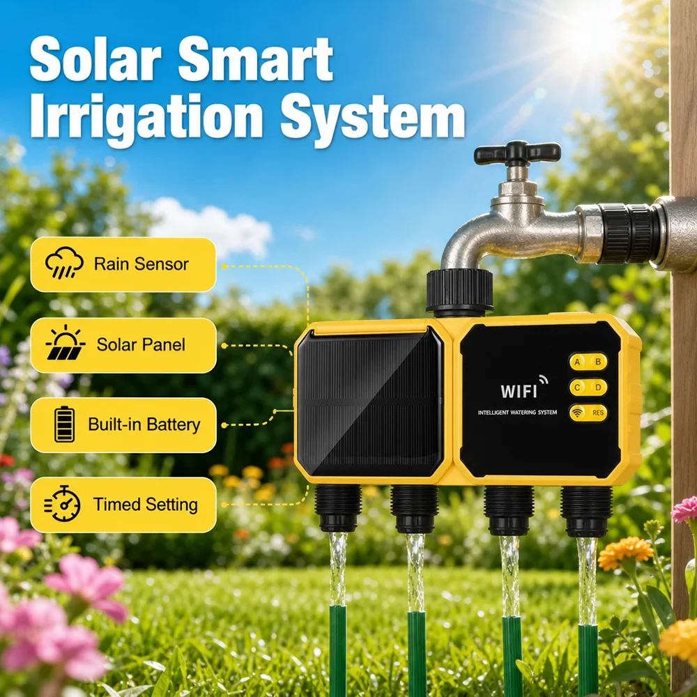 Solar Powered 2/4-Zone WiFi Watering Timer Smart Life & Tuya APP Control Programmable Automatic Irrigation System Waterproof