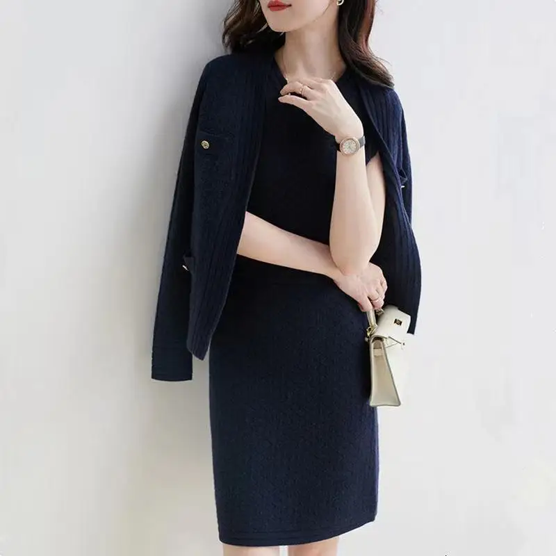 Women's Autumn Winter Knitwear Mathing Sets Lady Graceful Sweater Cardigan Tank Dress Suits 2024 Knit Coats Mini Dresses Outfits