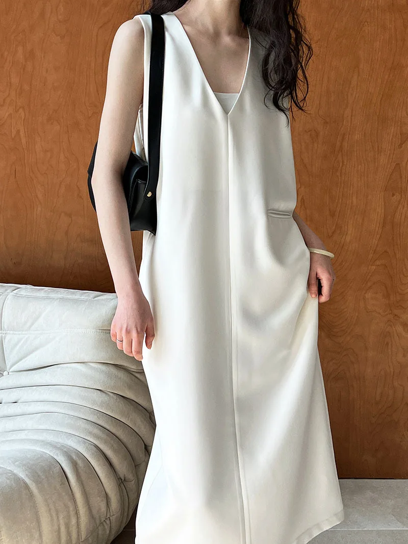 

Fashion Office Ladies Dress V-neck Sleeveless 2024 Summer Women Mid-Length Casual Loose Female A-line Dress Ladies Vestidos S916