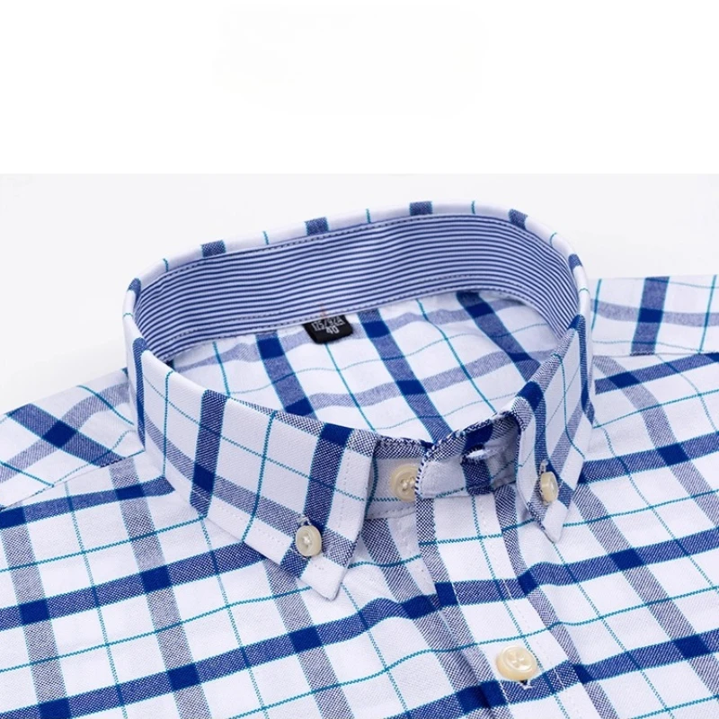 Summer 100% Cotton Oxford Men Shirt Short Sleeves White Blue Fashion Stripe Plaid Shirt Men Short Sleeve Business Forma Social
